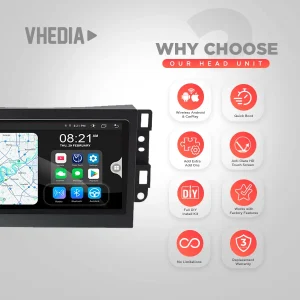 Marketing infographic for VHEDIA head unit: shows features like Wireless Android/CarPlay, Quick Boot, DIY install kit, and warranty icons beside a car head-unit display.