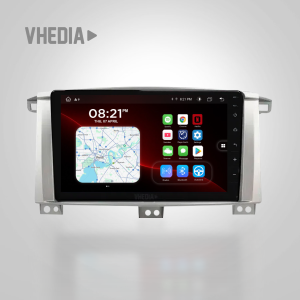 In-dash car multimedia head unit with a touchscreen showing a map and app icons on the display.