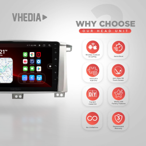 VHEDIA car head unit with eight red-feature icons on the right and the 'Why Choose Our Head Unit' title.