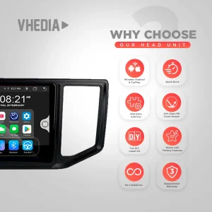 Promotional banner for the Vhedia head unit; left shows a car stereo screen, right lists eight feature icons (Wireless Android & CarPlay, Quick Boot, Add Extra Add Ons, Anti-Glare HD Touch Screen, Full DIY Install Kit, Works with Factory Features, No Limitations, Replacement Warranty).