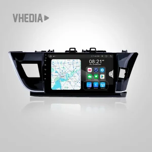 Car dashboard infotainment head unit displaying a navigation map and app icons on a touchscreen panel in a sleek black housing.