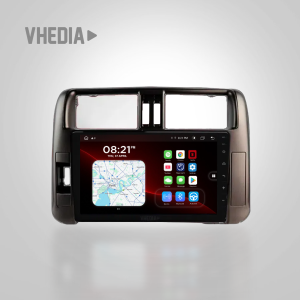 In-dash car infotainment unit with touchscreen displaying map and app icons.
