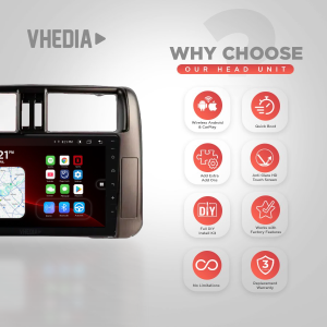 VHEDIA head unit promotional image showing 8 feature icons: Wireless Android/CarPlay, Quick Boot, Add-Ons, Anti-Glare HD touch screen, DIY install kit, factory features compatibility, no limitations, replacement warranty.