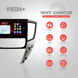 Vhedia head unit with feature icons list titled 'Why Choose Our Head Unit' on a gray background.