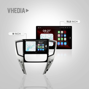 Aftermarket car infotainment head units with a 9-inch touchscreen in front and an 11.5-inch screen in the back, showing maps and apps.