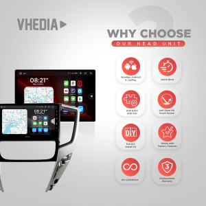 Vhedia head unit features infographic highlighting wireless Android & CarPlay, quick boot, anti-glare touchscreen, DIY install, and warranty benefits.