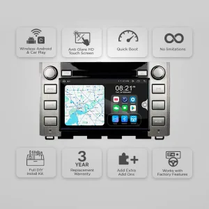 Car stereo head unit featuring wireless Android Auto and CarPlay, anti-glare HD touchscreen, quick boot, and no limitations, with bottom icons for DIY install kit, 3-year warranty, add-ons, and factory feature compatibility.