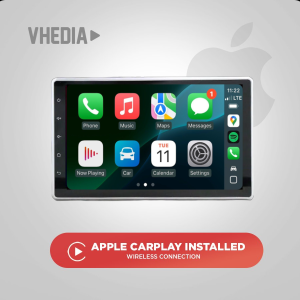 Infotainment screen showing Apple CarPlay apps with a red rounded banner reading 'Apple CarPlay Installed – Wireless Connection'.