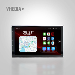 Infotainment touchscreen inside a car showing a map app and app icons on a dark dashboard, with a VHEDIA logo in the top-left corner.