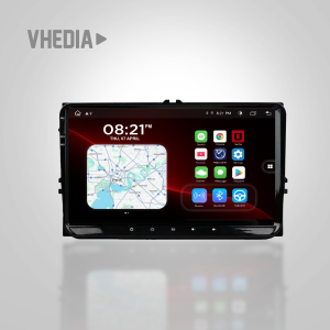Infotainment tablet in landscape showing a map app and app grid on a glossy black bezel, watermark 'VHEDIA' in the corner