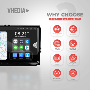 VHEDIA head unit ad showing a car stereo touch screen and feature icons on the right labeled wireless Android & CarPlay, quick boot, anti-glare HD touch, DIY install, and more