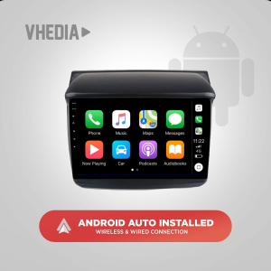 Car infotainment touchscreen displaying app icons (Phone, Music, Maps, Messages) with a red Android Auto Installed banner below and a light gray background featuring a logo silhouette.