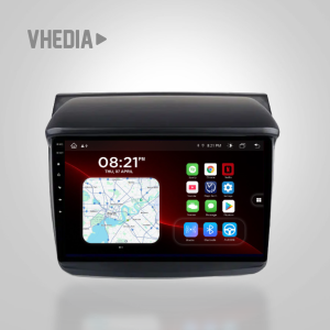 In-car infotainment touchscreen showing a map and app icons on a dark dashboard unit, with time readout at top left.