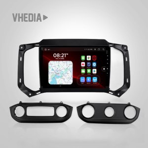 Car dashboard multimedia head unit with a large touchscreen flanked by black housing frames and separate trim panels.