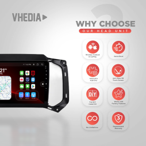 Car head unit on left with feature grid: Wireless Android & CarPlay, Quick Boot, DIY install kit, warranty icons on right.
