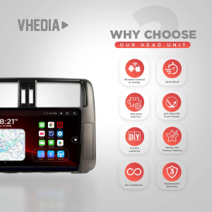 VHEDIA car head-unit with a touchscreen on the left and eight red feature icons on white rounded cards on the right.