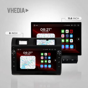 Two car infotainment units shown: an 8-inch head unit in front and an 11.6-inch display behind, both displaying maps and app icons for navigation and media (brand: Vhedia).