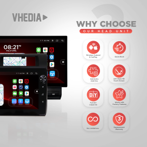 Promotional hero for VHEDIA head units showing two screens on the left and eight circular feature icons on the right, with 'WHY CHOOSE OUR HEAD UNIT' heading.