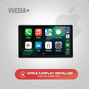 Promotional image: car infotainment screen displaying Apple CarPlay icons with a bold red rounded CTA reading 'Apple CarPlay Installed — Wireless Connection'.