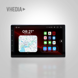 VHEDIA car infotainment touchscreen showing a map and app icons on a dark display