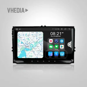 Car infotainment touchscreen displaying a navigation map (left) and app icons (right).