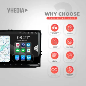VHEDIA car head unit showing navigation map and app grid on the left, features listed as red circular icons on the right.