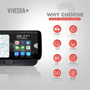 VHEDIA promotional image showing a car head unit on the left with a map, and eight red-feature icons on the right under 'Why Choose Our Head Unit'.