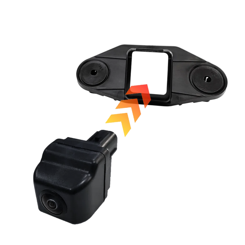 Small black action camera beside a rectangular clip-on mounting bracket, with orange arrows showing the camera being attached to the mount