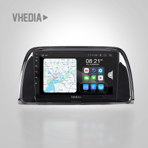 Car infotainment touchscreen displaying a map on the left and app icons on the right, with Vhedia branding above the screen.