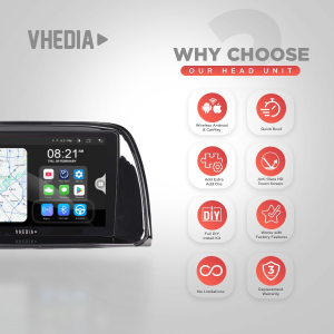 Infographic-style hero showing a car head unit with map on left and a grid of features: Wireless Android & CarPlay, Quick Boot, DIY install kit, and more behind curved text 'WHY CHOOSE OUR HEAD UNIT'.