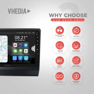 Vhedia car head unit with map and apps on left; eight feature icons on the right (Android/CarPlay, quick boot, add-ons, anti-glare touchscreen, DIY install kit, factory features, no limitations, warranty).