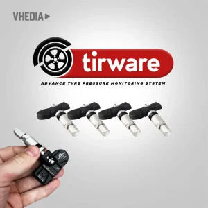 Tireware logo with four valve stem sensors and a hand-held air pressure tool showing a TPMS system accessory