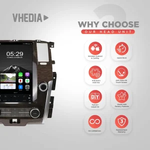 Car stereo head unit on left with the words 'Why Choose Our Head Unit' and a grid of red feature icons on the right showing wireless Android, Quick Boot, Add Extras, Anti-Glare HD, DIY install, factory features, unlimited options, and warranty benefits.