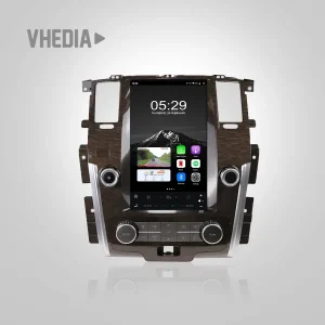 In-dash car infotainment unit with a large touchscreen displaying apps and time, framed by the dashboard.
