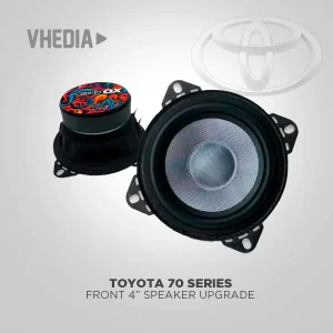 Front 4-inch speaker upgrade for Toyota 70 Series, showing a large woofer and a colorful small speaker cap on a gray background.