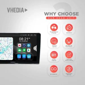 In-car head unit display with app icons and a grid of red feature badges: Wireless Android & CarPlay, Quick Boot, DIY install, anti-glare touch, factory compatibility, warranty.