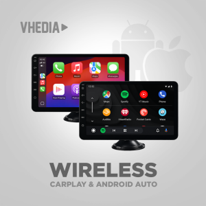 Promotional graphic for VHEDIA Wireless: CarPlay and Android Auto with two mounted tablets and bold 'WIRELESS' text beneath.