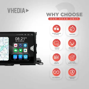VHEDIA head unit with map display and app icons on left; right side lists 'Why Choose Our Head Unit' with red feature icons in rounded squares.
