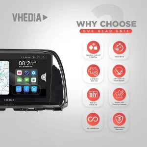 Vhedia car head unit with map on screen; right side shows red circular feature icons and 'Why Choose Our Head Unit'.