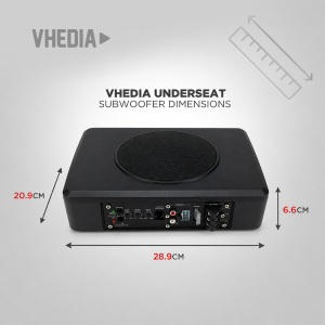 VHEDIA underseat subwoofer shown with dimensions: 28.9 cm wide, 20.9 cm high, 6.6 cm deep; rear panel with ports visible.
