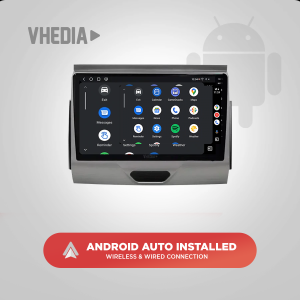 In-car touchscreen displaying Android Auto apps; promo banner reads 'ANDROID AUTO INSTALLED' with 'WIRELESS & WIRED CONNECTION'.