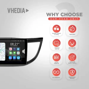 Vhedia head unit with eight feature icons: Wireless Android & CarPlay, Quick Boot, DIY install, anti-glare touch screen, factory features compatibility, unlimited usage, replacement warranty, and add-ons icons beside a car dashboard image.