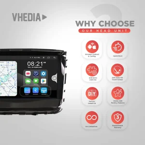 VHEDIA car head unit with a touchscreen display on the left and eight red feature icons on the right.