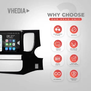 Head unit installed in car dashboard with feature icons on the right: Wireless Android, Quick Boot, Add Extra Apps, Anti Glare Touch Screen, DIY Install Kit, Factory features, warranty icons (promo image).