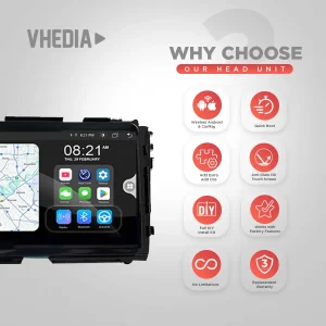 VHEDIA head unit promotional graphic with the headline 'Why Choose Our Head Unit' and eight feature icons on the right side (wireless Android/CarPlay, quick boot, DIY install, warranty, etc.).