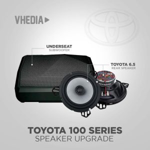 Infographic of a Toyota 100 Series car audio upgrade showing an underseat subwoofer and 6.5-inch rear speakers with labels (Vhedia).