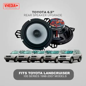 Advertisement for Toyota 6.5" rear speaker upgrade by Vhedia, featuring a large car speaker and a row of Toyota Land Cruisers; text notes fits 100 Series 1998–2007.