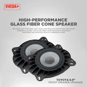 Two round glass-fiber cone car speakers for a Toyota 6.5-inch front speaker upgrade, with Vhedia branding in the corner, on a light gradient background.