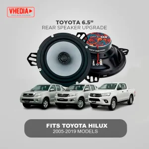 Promo for Vhedia 6.5-inch rear speaker upgrade, fits Toyota Hilux 2005–2019, with a large speaker image and three pickup trucks nearby.