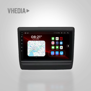 In-dash car infotainment touchscreen showing a navigation map and app icons inside a dark bezel. Lead brand logo 'Vhedia' visible in the corner.